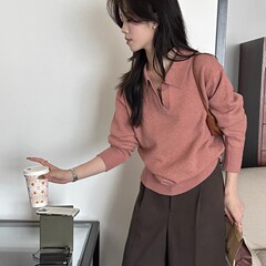 慵懒风polo领套头内搭针织打底衫女秋冬新款高级感宽松毛衣上衣潮