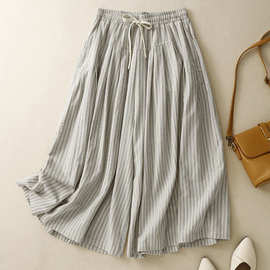 2025年夏季新款棉麻文艺宽松条纹阔腿慵懒风高腰显瘦A字七分裤女