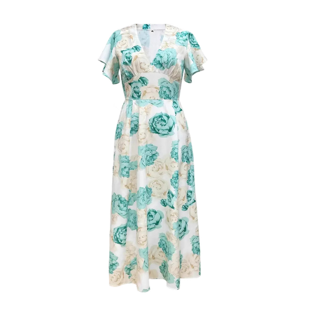 Summer Elegant Plus Size High-Quality Printed Long Dress V Neck Flowing Skirt Women's Clothing_ecoleips.com