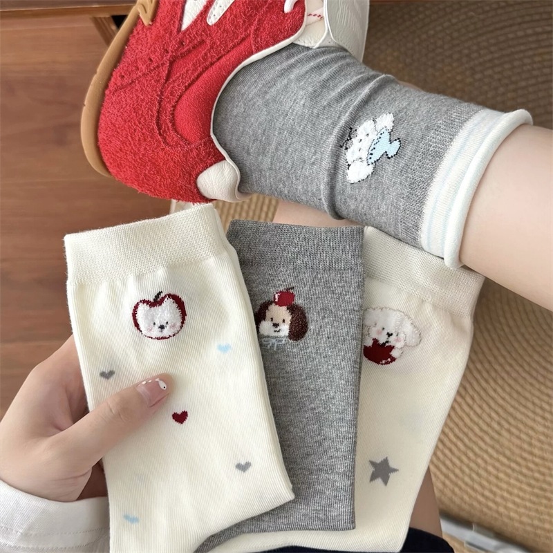 Cute Socks for Women, Pure Cotton, White Apple Puppy Mid-Calf Socks, Trendy Japanese Cartoon College Style Long Socks for Autumn
