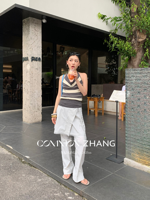CZ ZHANG夏季韩版通勤时髦蕾丝边拼接屁帘可拆卸百搭休闲裤B21822|undefined