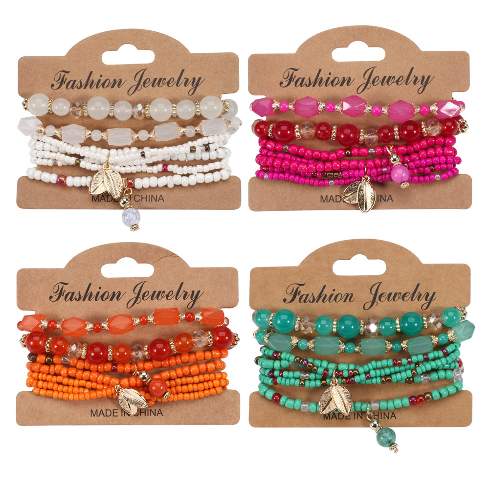 Bohemian Multi-Layer Beaded Bracelet Leaf Pendant Bracelet Holiday Elastic Bracelet for Women