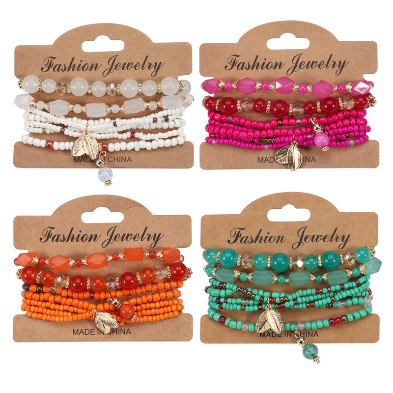 Bohemian Multi-Layer Beaded Bracelet Leaf Pendant Bracelet Holiday Elastic Bracelet for Women Bohemian Multi-Layer Beaded Bracelet Leaf Pendant Bracelet Holiday Elastic Bracelet for Women