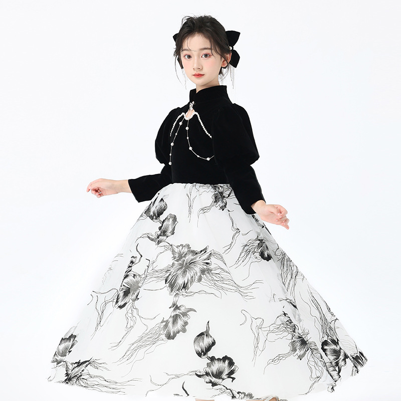 Vestido infantil vestido nuevo estilo chino tinta estilo vestido de alta gama vestido de princesa chica anfitriona de piano despeje