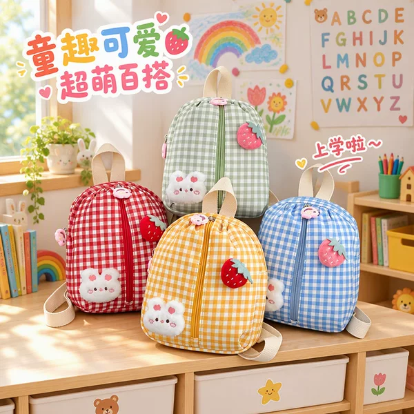 Plaid Strawberry Cartoon Kindergarten School Bag Children's Backpack for Ages 3 to 6 with Air-Cushioned Straps, Cute and Playful