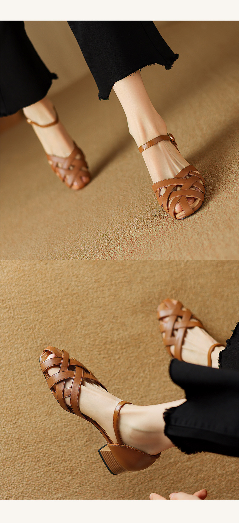 Sandal nữ bít mũi quai ngang da bò thật gót vuông ổn định phong cách La Mã — Màu nâu chi tiết 10