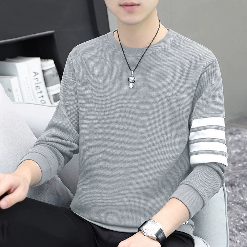 Вафельная мужская тонкая толстовка с круглым вырезом, мужская композитная однотонная толстовка большого размера, свободный топ с длинными рукавами, четыре полоски