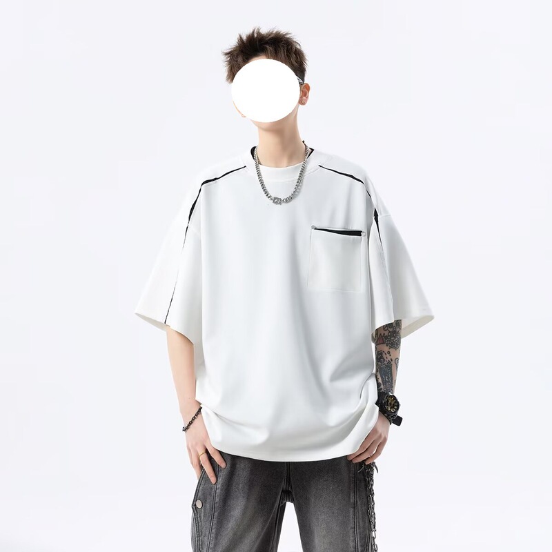 American-style trendy brand fashion line design men's loose-fitting short-sleeve T-shirt, summer stylish versatile faux two-piece top