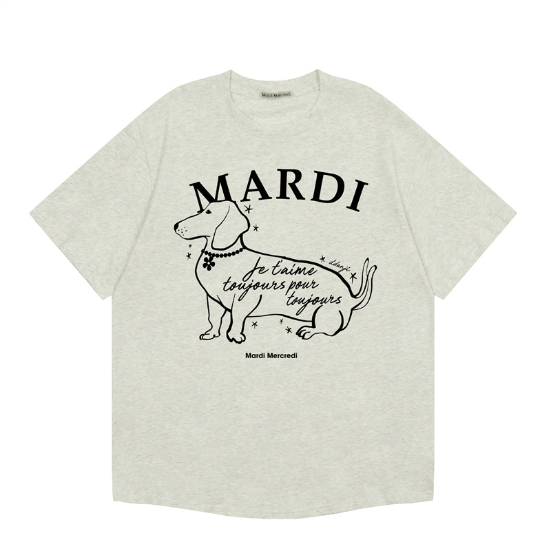 韓国マルディ Tシャツダックスフントレタープリントルーズカジュアルラウンドネック半袖 Tシャツトップ女性用