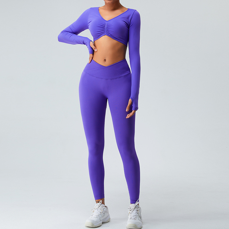 Transfronteriza otoño nueva ropa de yoga sin costuras pantalones de yoga de vientre cruzado de manga larga para mujer corriendo deportes ropa de fitness traje
