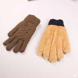 男士针织毛线触屏手套现货冬季保暖防寒双层加厚加绒内里套绒手套