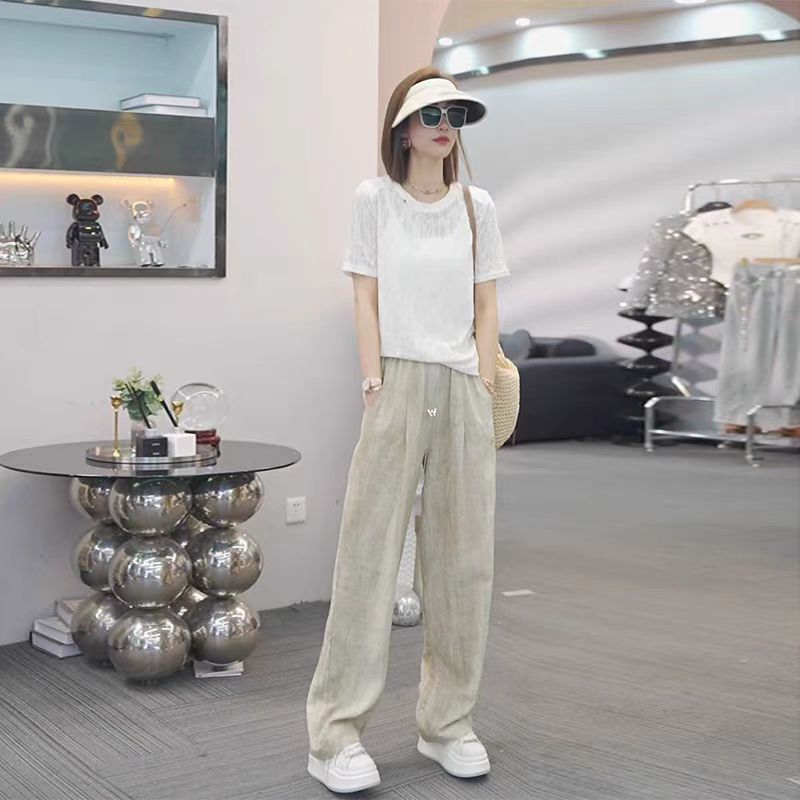 Summer Outfit with a Complete Set of Stylish Solid Color T-Shirts and New High-Waisted Casual Pants for Women, Two-Piece Set