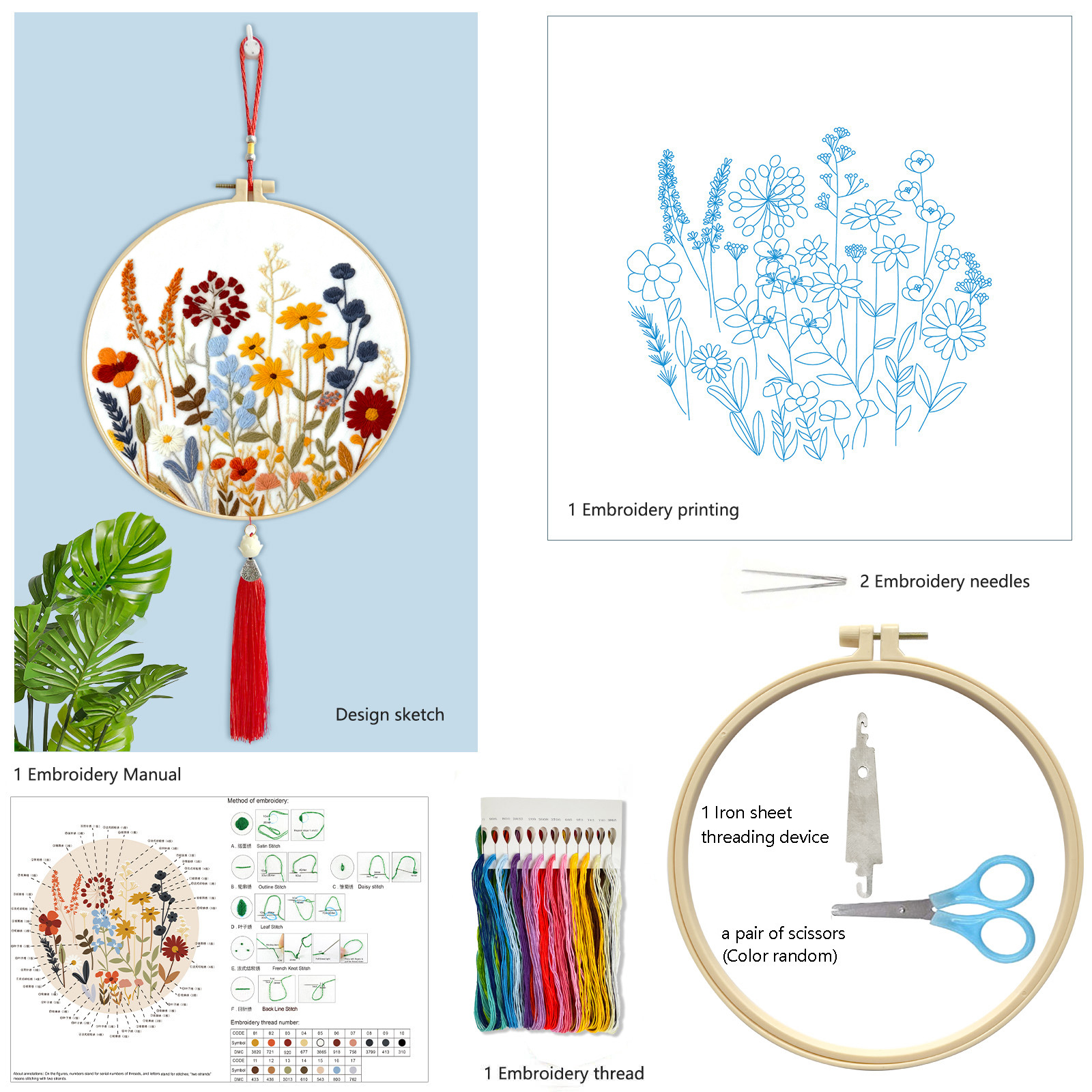 Paquete de materiales básicos de flores y plantas 2 + 20 cm de goma + tijeras pequeñas + perforador de hilo