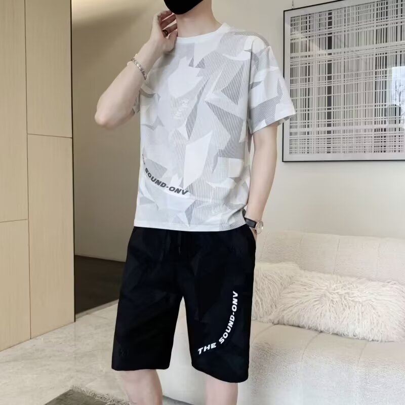 Camisas y menos ropa Traje deportivo de ocio de seda de hielo Pantalones cortos de manga corta con estampado de tie-dye para hombre