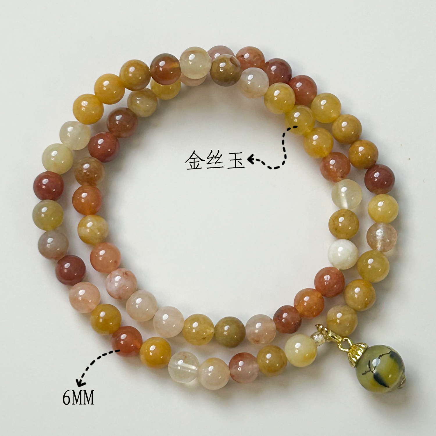 골드 실크 옥 더블 서클 드래곤 패턴 펜던트 (6mm)