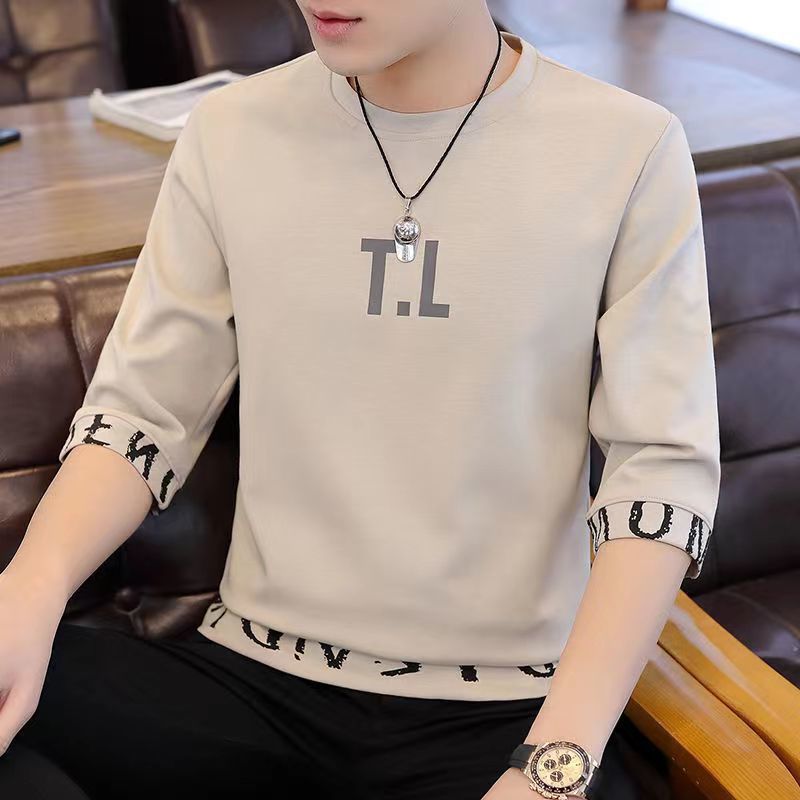 새로운 남성 반팔 티셔츠 홍콩 스타일 남학생 한국어 버전 2023 여름 트렌드 루즈한 7부 소매 핸섬 탑