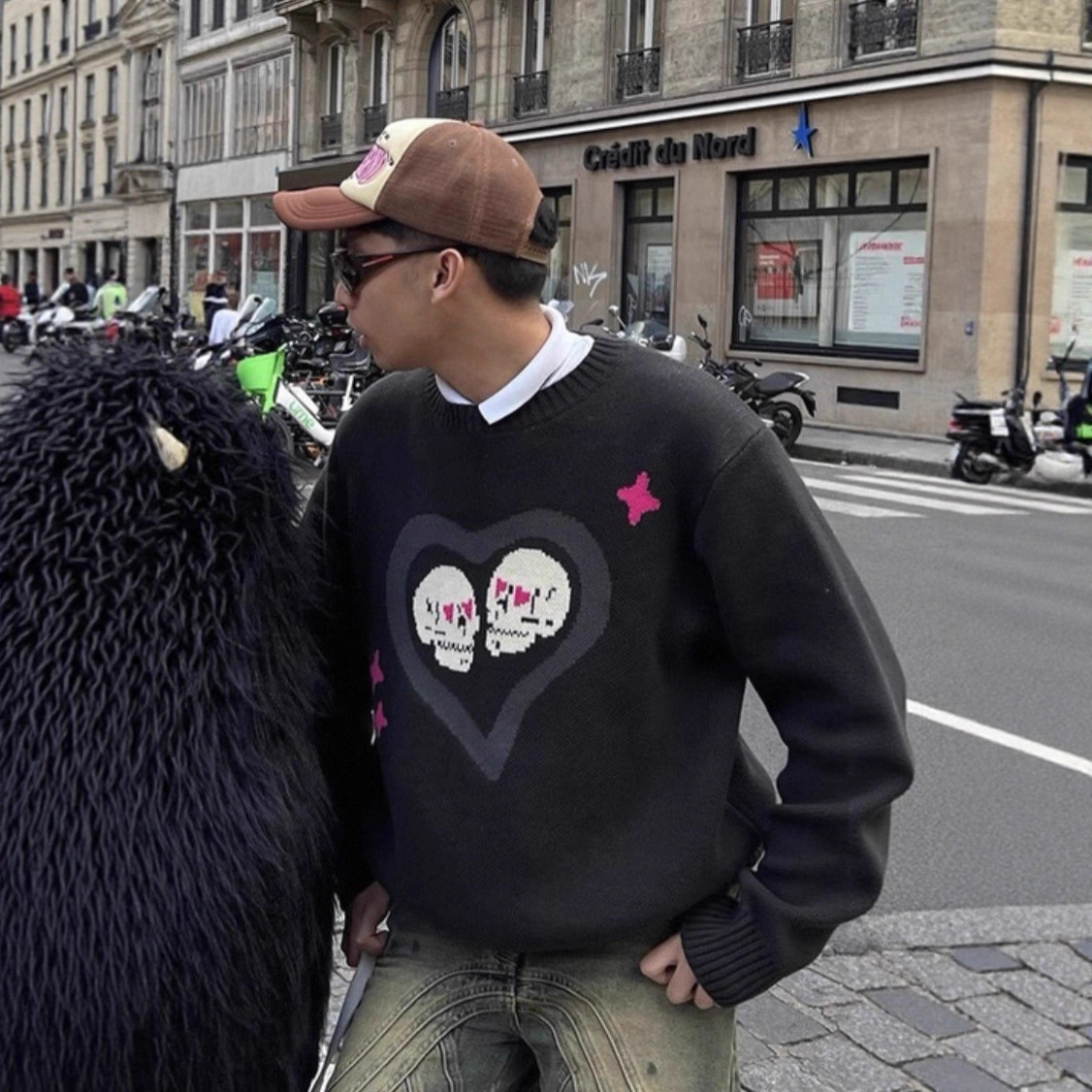 Streetwear Halloween Strickpullover – Übergroßer Unisex-Pullover mit Geister- und Sternenstickerei_voghion.com