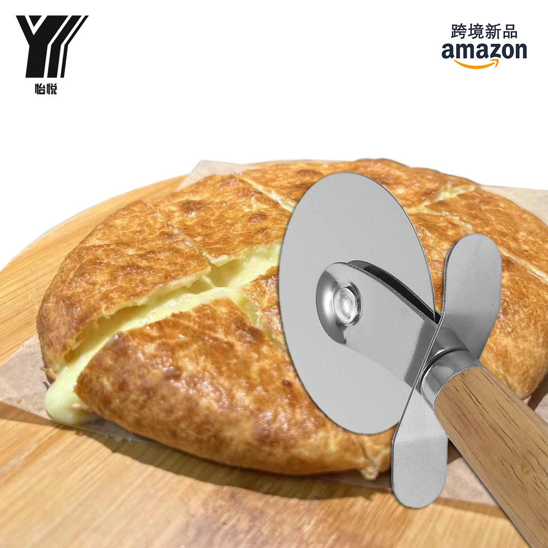 亚马逊不锈钢披萨切木柄披萨刀单轮介饼器披萨滚刀分割器烘焙工具