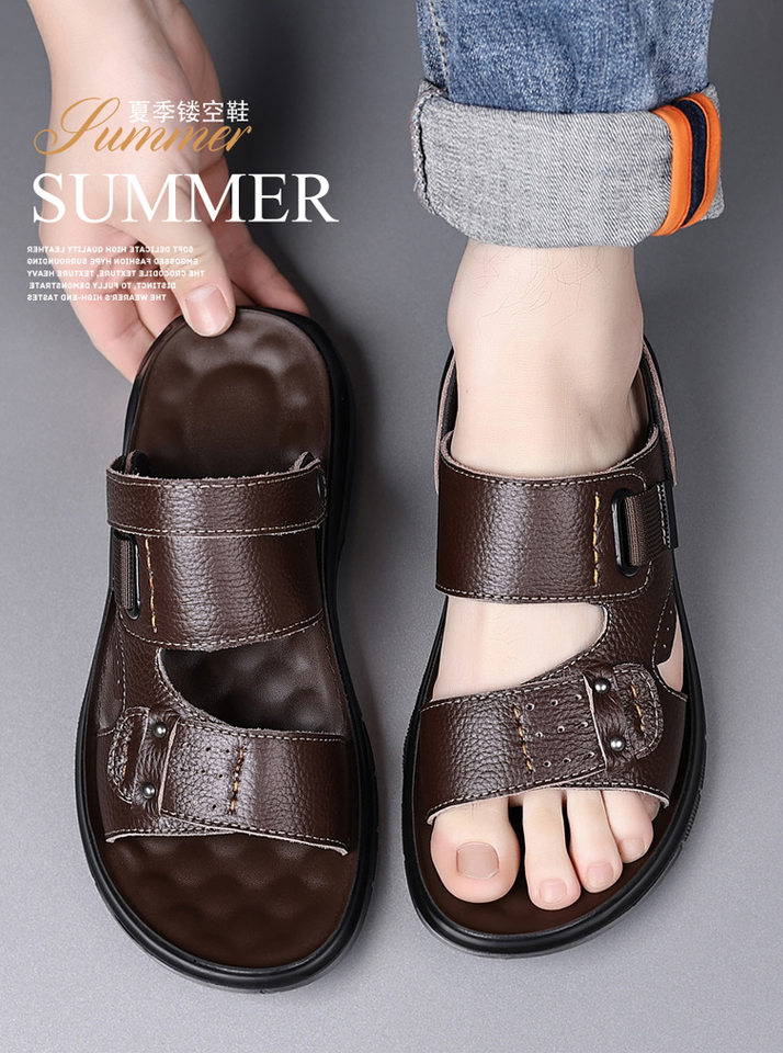 Dép sandal nam da bò lớp đầu đế dày kiểu hở ngón đi biển — Màu nâu, màu đen chi tiết 5