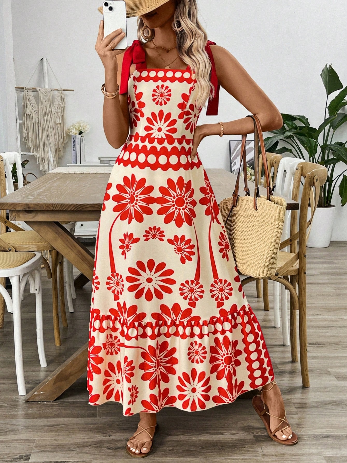 European American Foreign Trade Clothing Women's Bohemian Style With Floral Shoulder Straps And Tie-Up Long Dress_ecoleips.com