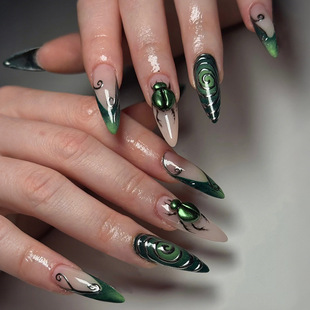 Halloween Cross-Border Best-Selling Almond Wearable Nails Green Fake Nails Three-Dimensional Beetle Line French Edge Patch