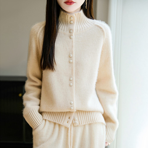 Heavy and thick 100% pure wool cardigan women's semi-turtleneck knitted sweater loose lazy warm base coat