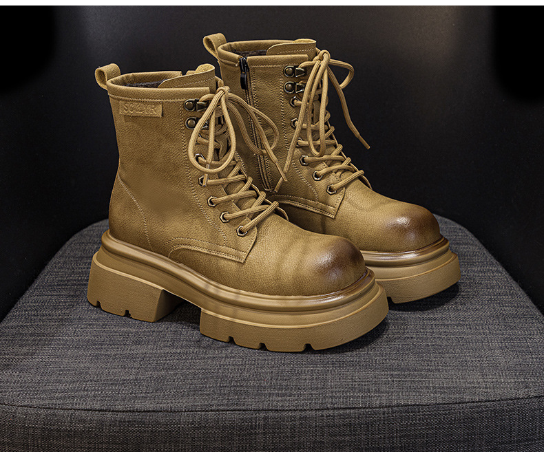 Giày boot Martin da đế dày cổ ngắn mũi rộng phong cách retro — M2633 màu vàng một lớp lót trong, M2633-1 vàng lót nhung, M2633-1 kaki lót nhung, M2633 kaki một lớp bên trong chi tiết 14