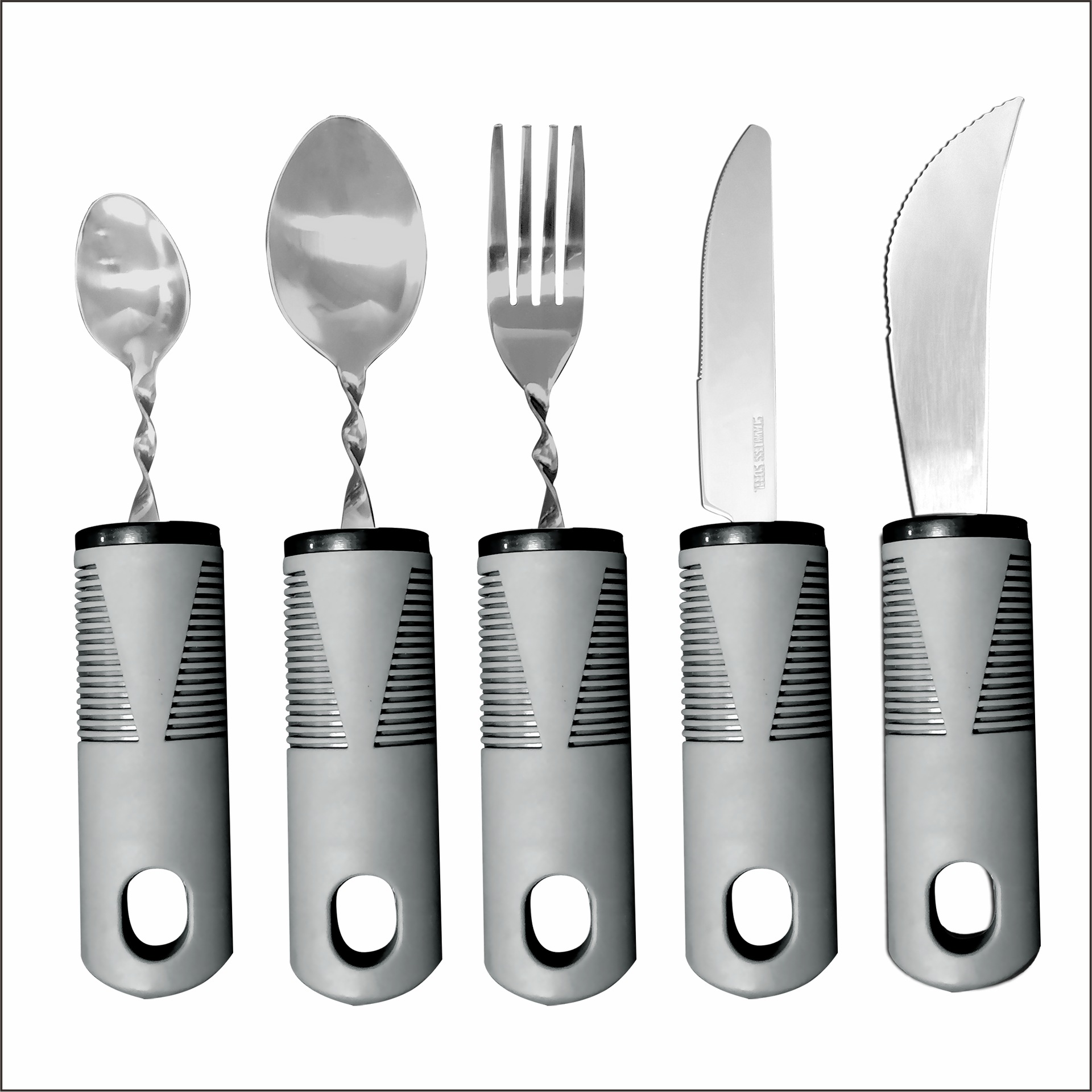 Mango transfronterizo de caucho y plástico de acero inoxidable antivibración, plegable adaptable y doblado para ancianos, vajilla de rehabilitación de alimentos, juego de cuchillos, tenedores y cucharas