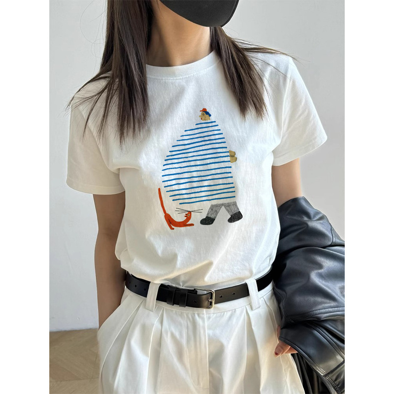 Blue Fat Cartoon Print T-Shirt for Women, Summer Slightly Chubby Mm, Regular Shoulder, Round Neck, Short Sleeve, Unique Design, Casual Top