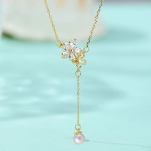 乾佳S925纯银小清新花朵珍珠流苏项链法式复古气质优雅时尚锁骨链