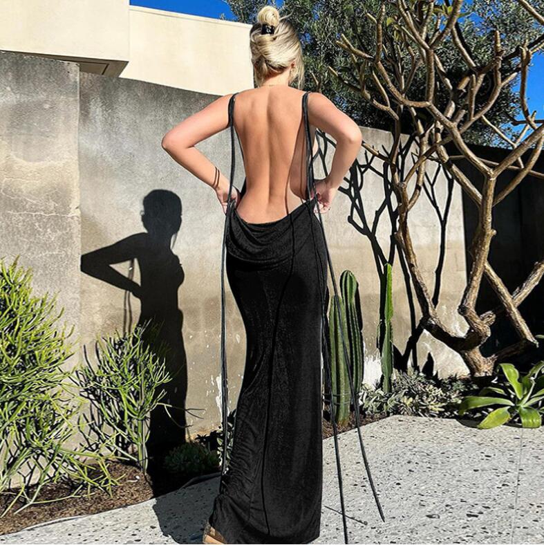 Sleeveless Sleeve Length Bodycon Dress Dresses Type Polyester Fabric Type Mid Waist Waist Line Wholesale Women'S Sexy Backless Solid Color Party Halter Neck Sleeveless Bodycon Dress