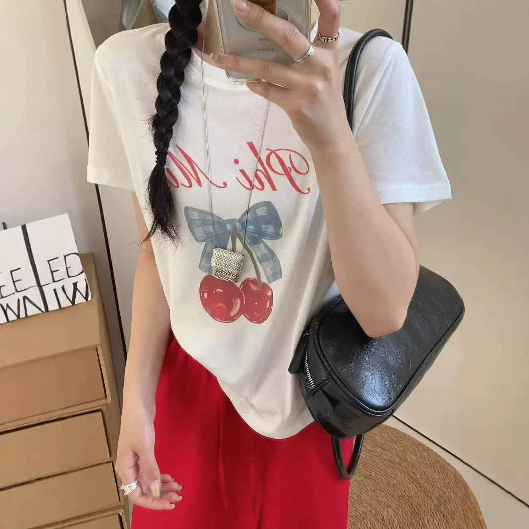 韩系短袖t恤女夏季新款圆领经典樱桃字母印花宽松百搭减龄上衣