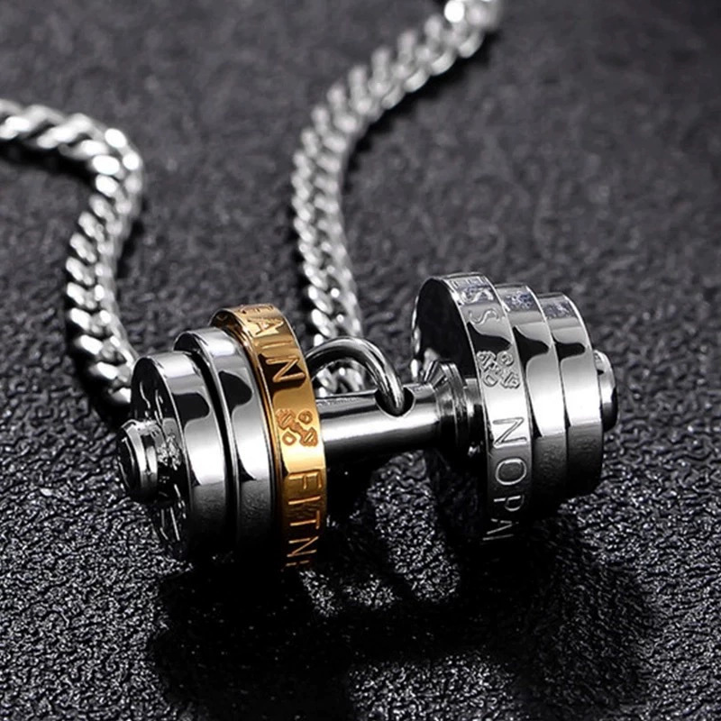 Titanium Steel Men's Necklace, Personalized Fashionable Sports Dumbbell Pendant, Same Style for Couples, Accessible Luxury Jewelry, Stainless Steel Cuban Chain