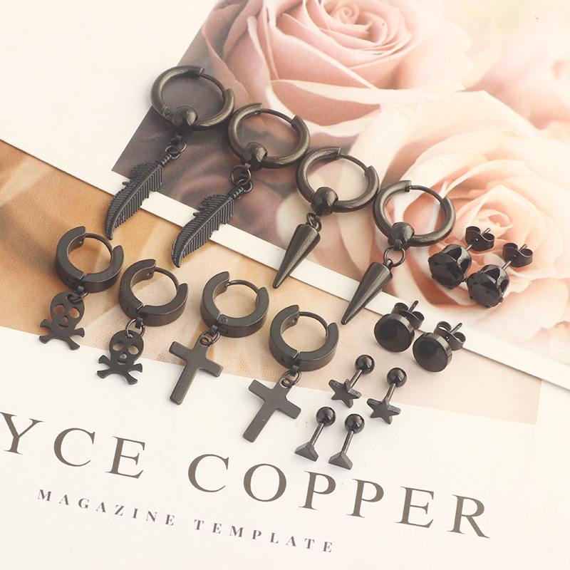 17 Pieces Set Men Stud Earrings Stainless Steel Pierced Earrings Set Black Silver Cross Earrings detail image 31