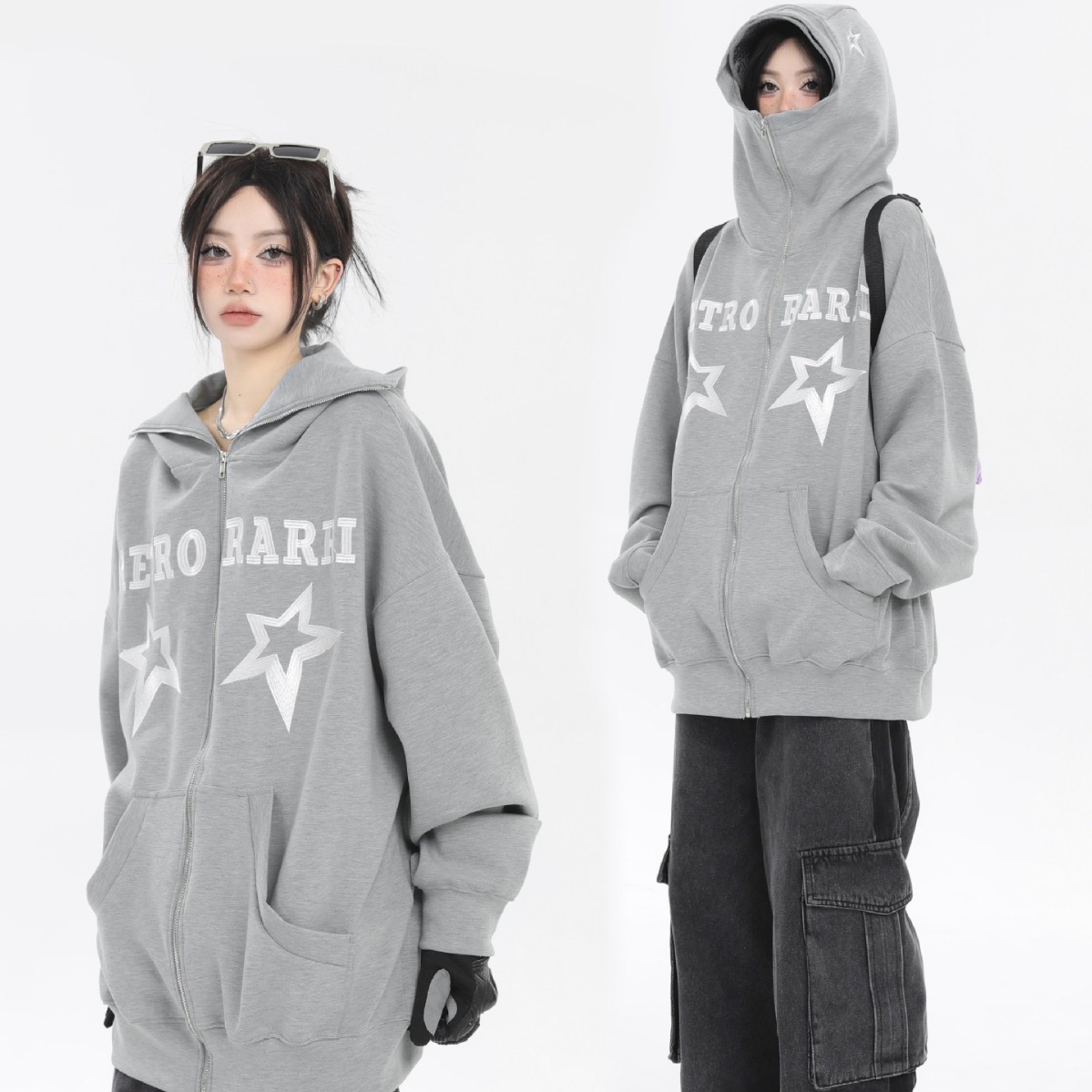 美式复古街头星星刺绣连帽卫衣男女新款宽松情侣帽衫外套男生少年