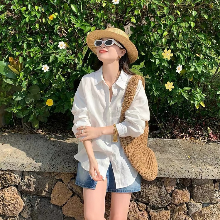 Jin Suyi White 100% Linen Shirt 2026 Summer Korean Style Loose Long-Sleeve Sun Protection Shirt Chic Trendy Top