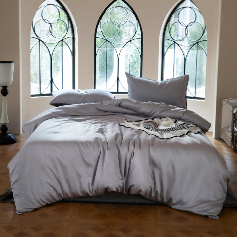 Summer Ice Silk Duvet Cover Set Simple Solid Colour Bedding_voghion.com