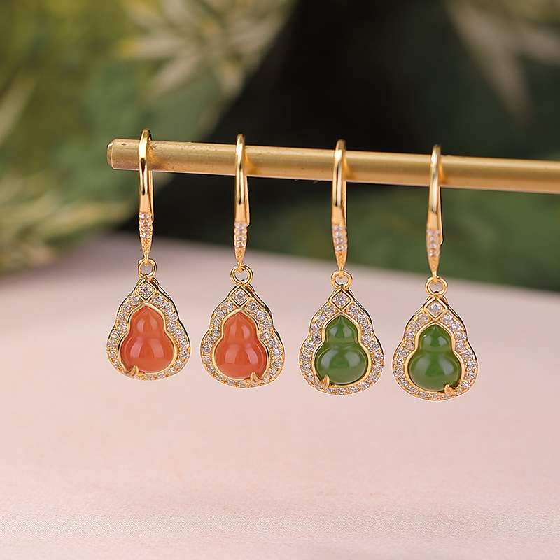 Bông tai bạc S925 đính đá ngọc Hetian Jasper hình bầu lá tre siêu lấp lánh — Phong cách nước đỏ