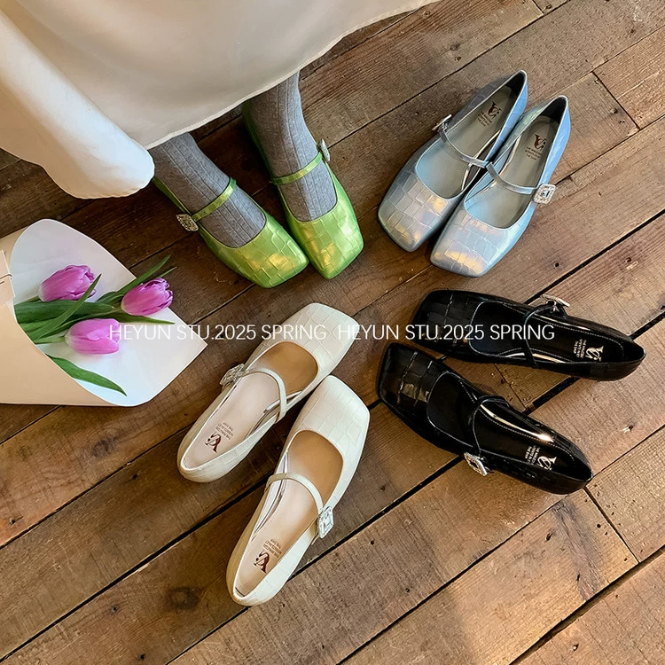 First layer cowhide Mary Jane shoes for women's inner height-enhancing single shoes new retro square head one-shaped buckle flat heel shallow mouth single shoes
