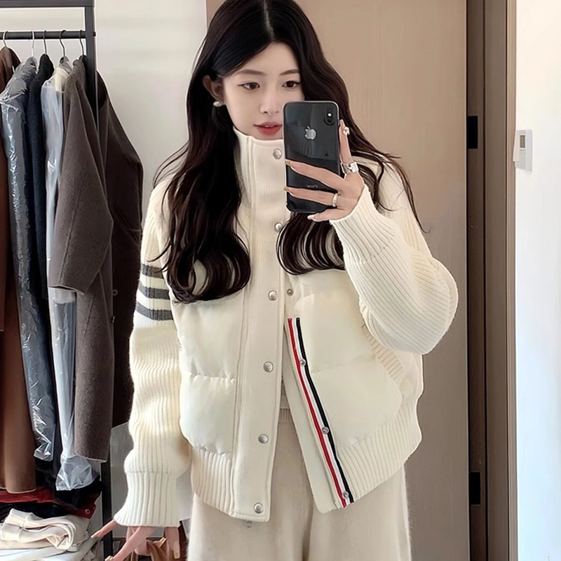 小个子穿搭针织拼接羽绒棉服女短款TB冬季休闲外套女立领棉衣加厚|undefined