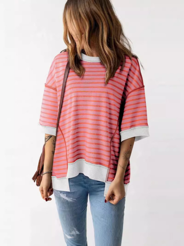 時穎の夏の新型のストライプは色の半袖のtシャツの女性の2024欧米のカジュアルでゆったりしているoversizeのプルオーバーをつづり合わせます。|undefined