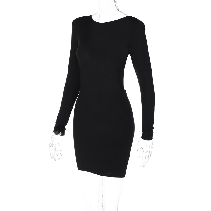 Autumn Winter Women Clothing Solid Color Long Sleeve Dress Sexy Backless Sheath Dress
