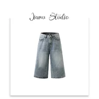 JIMAU кошка с текстурой сшивания baggy jeans Летние американские прямые семиконечные джинсовые шорты для мужчин и женщин с широкими ногами