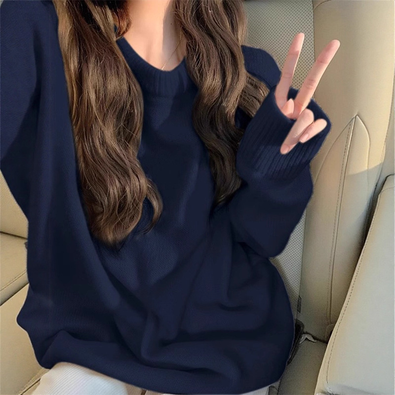 2025 Autumn and Winter Women's Navy Blue Soft Wax Knitwear New Round Neck Loose Lazy Style Retro Japanese Style Long Sleeves