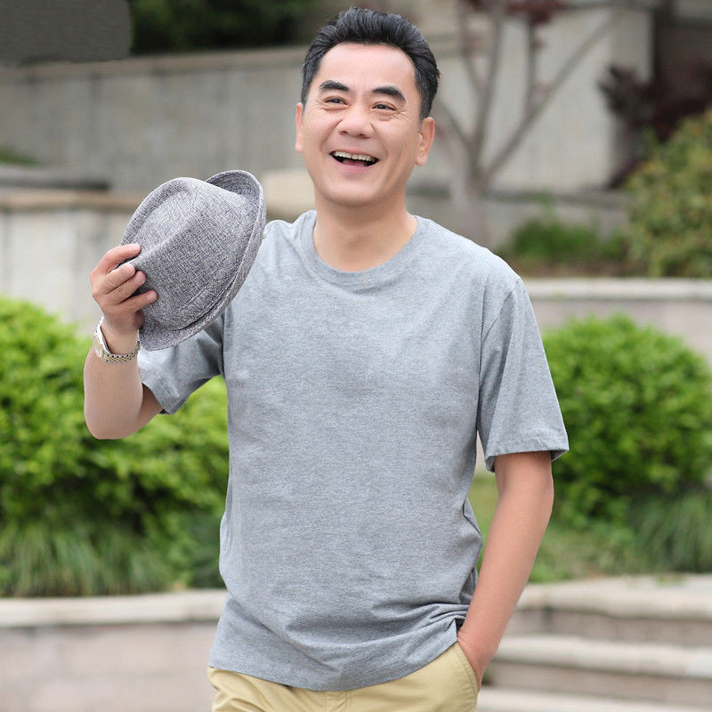 Summer Round Neck Short-sleeved T-shirt Men's Clothes for Middle-aged and Elderly Men's Casual Top Loose Old Head Shirt Solid Color Half-sleeved