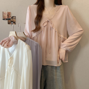 2025 spring new chubby girl plus size elegant fashion v-neck lace long sleeve shirt top
