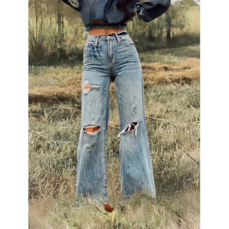 2025 New European and American Export Ripped Straight-Leg Jeans, Standard Size Women's Casual Street Style Washed Denim