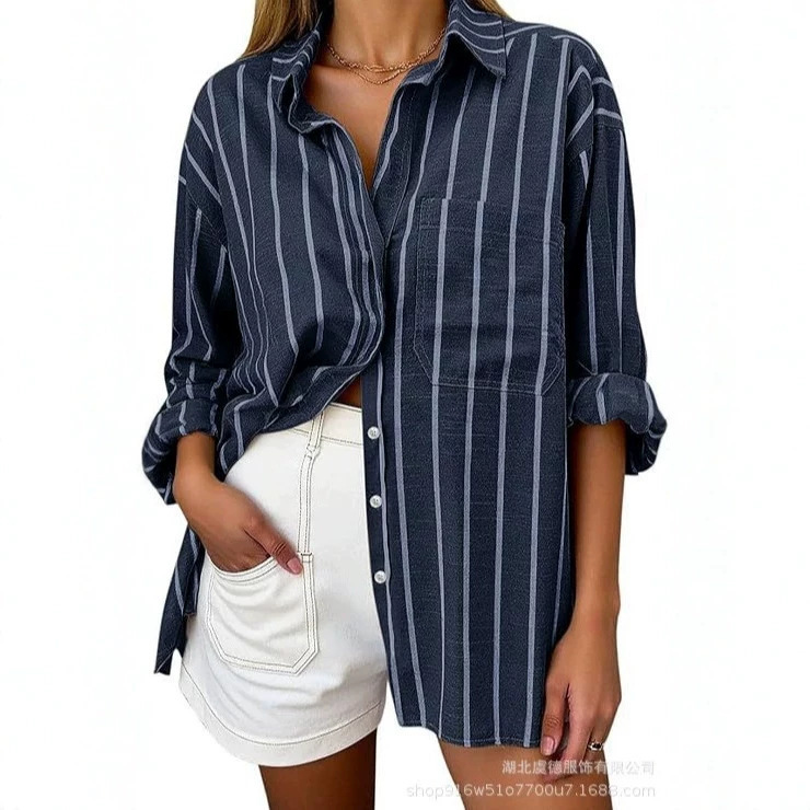 2026 Amazon Cross-Border New Autumn Women's Shirt Loose Fit Drop Shoulder Large Size Turn-Down Collar Buttoned Striped Shirt
