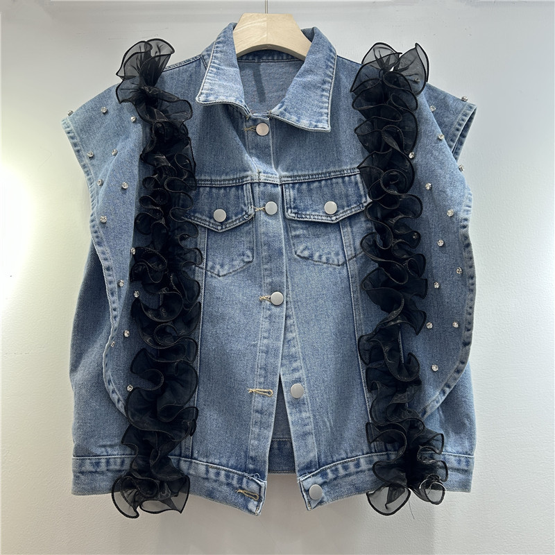 Denim suelto corto 2025 versión coreana de la industria pesada retro nueva chaqueta de mezclilla con diamantes chaqueta de manga larga chaqueta image 2