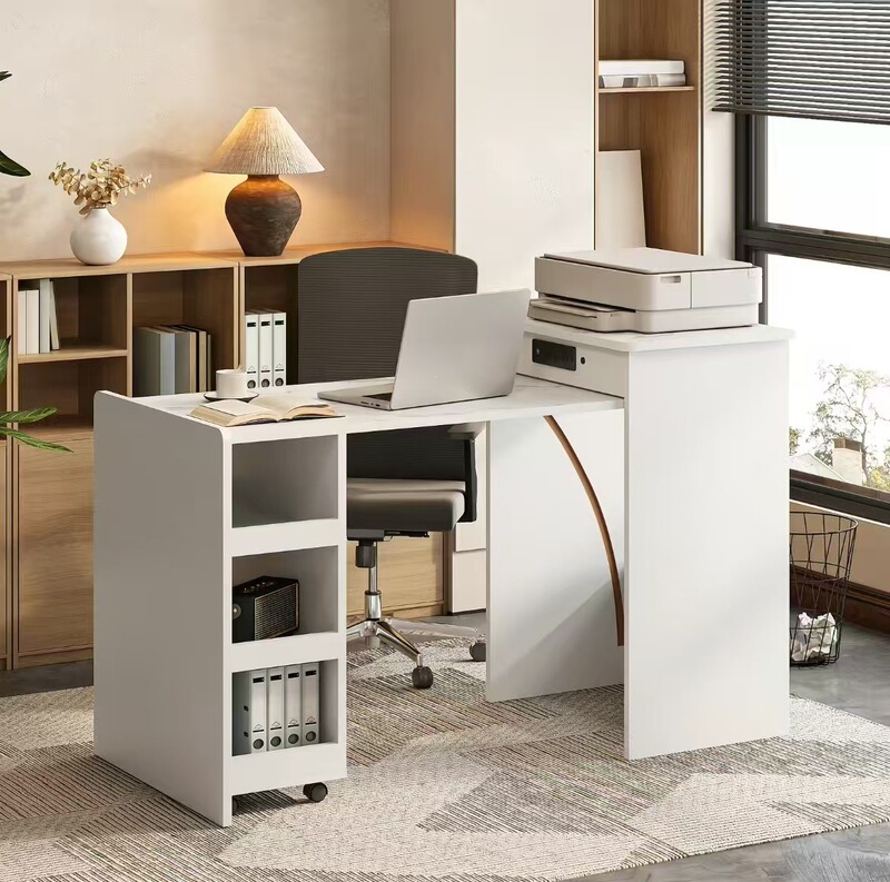 Cross-Border White Computer Desk with Lights and Storage Function, Foldable Gaming Desk for Small Spaces